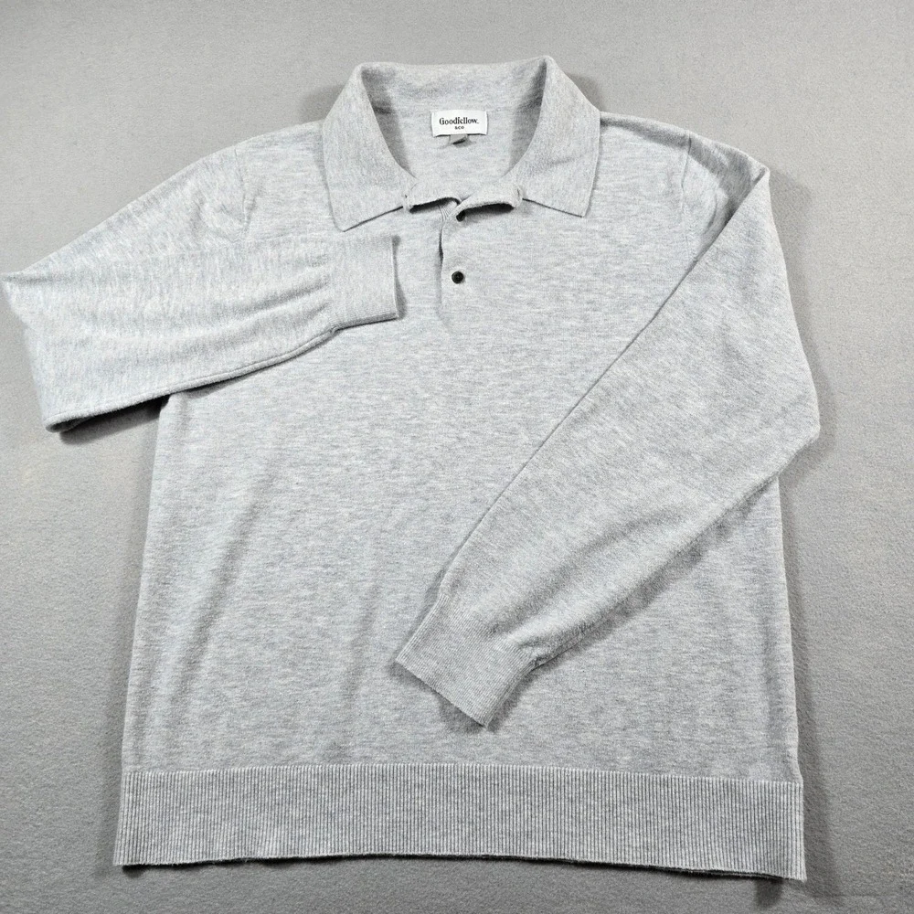 Goodfellow Mens Large Gray Polo Sweater Long Sleeve Cotton Blend Knit Casual